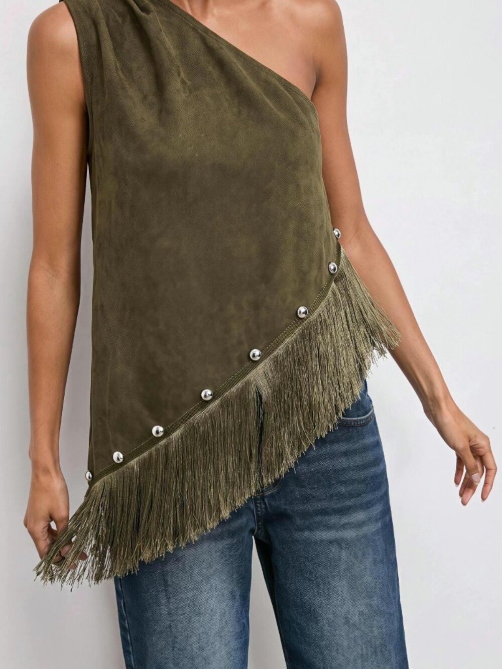 Army Green Casual Women's Asymmetrical Tie-Dye One-Shoulder Sleeveless Top